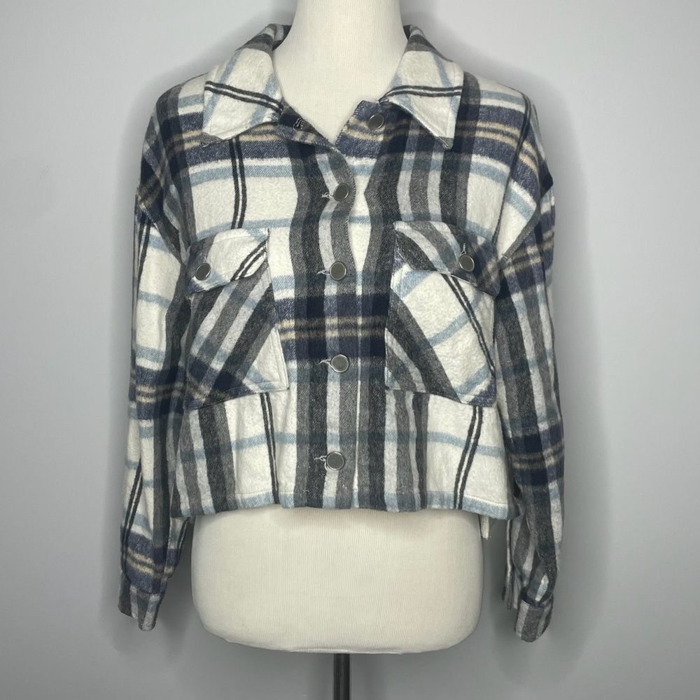 Zara- Grey, Blue and White Plaid Button Down Cropped Jacket